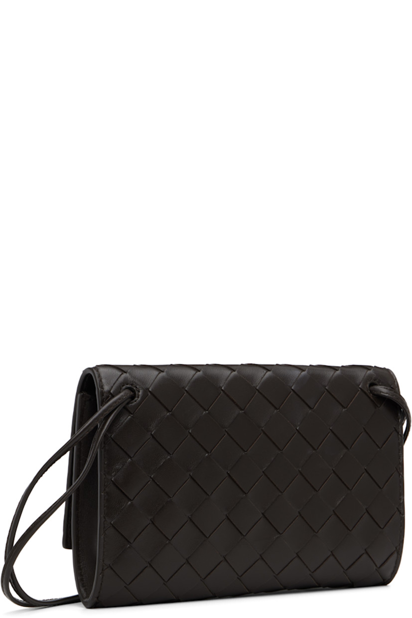 Intrecciato-woven lambskin shoulder bag.

· Sliding cord shoulder strap
· Knot hardware at tab-slot flap
· Card slots at calfskin interior
· Gold-tone hardware
· H5" x W7.5" x D1"

Supplier color: Fondant