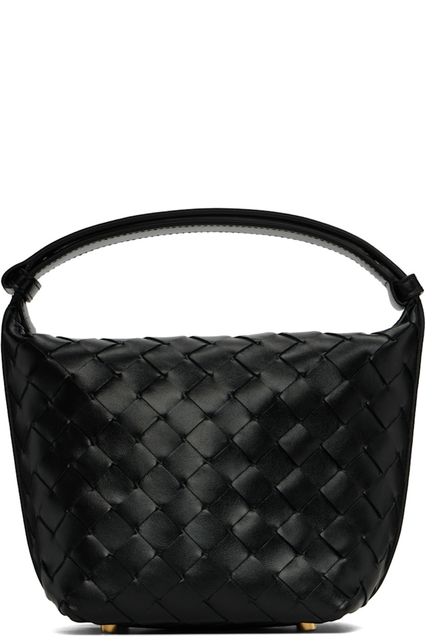 Intrecciato-woven grained calfskin shoulder bag.

· Adjustable post-stud shoulder strap
· Bumper studs at base
· Zip closure
· H6.75" x W8" x D4.5"

Supplier color: Black/Gold