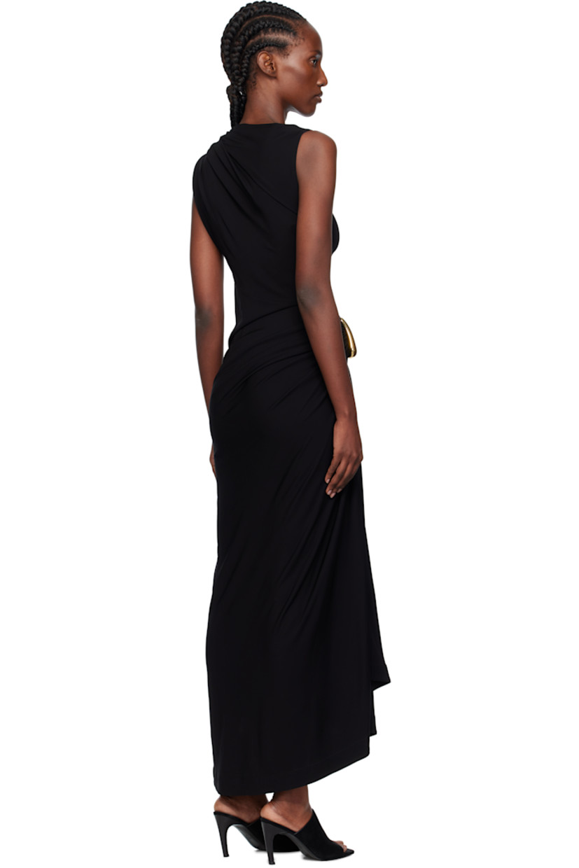 Viscose crêpe jersey maxi dress.

· Draping throughout
· Boatneck
· Sculptural hardware at waist and shoulder
· Asymmetrical hem
· Concealed zip closure at side

Supplier color: Black