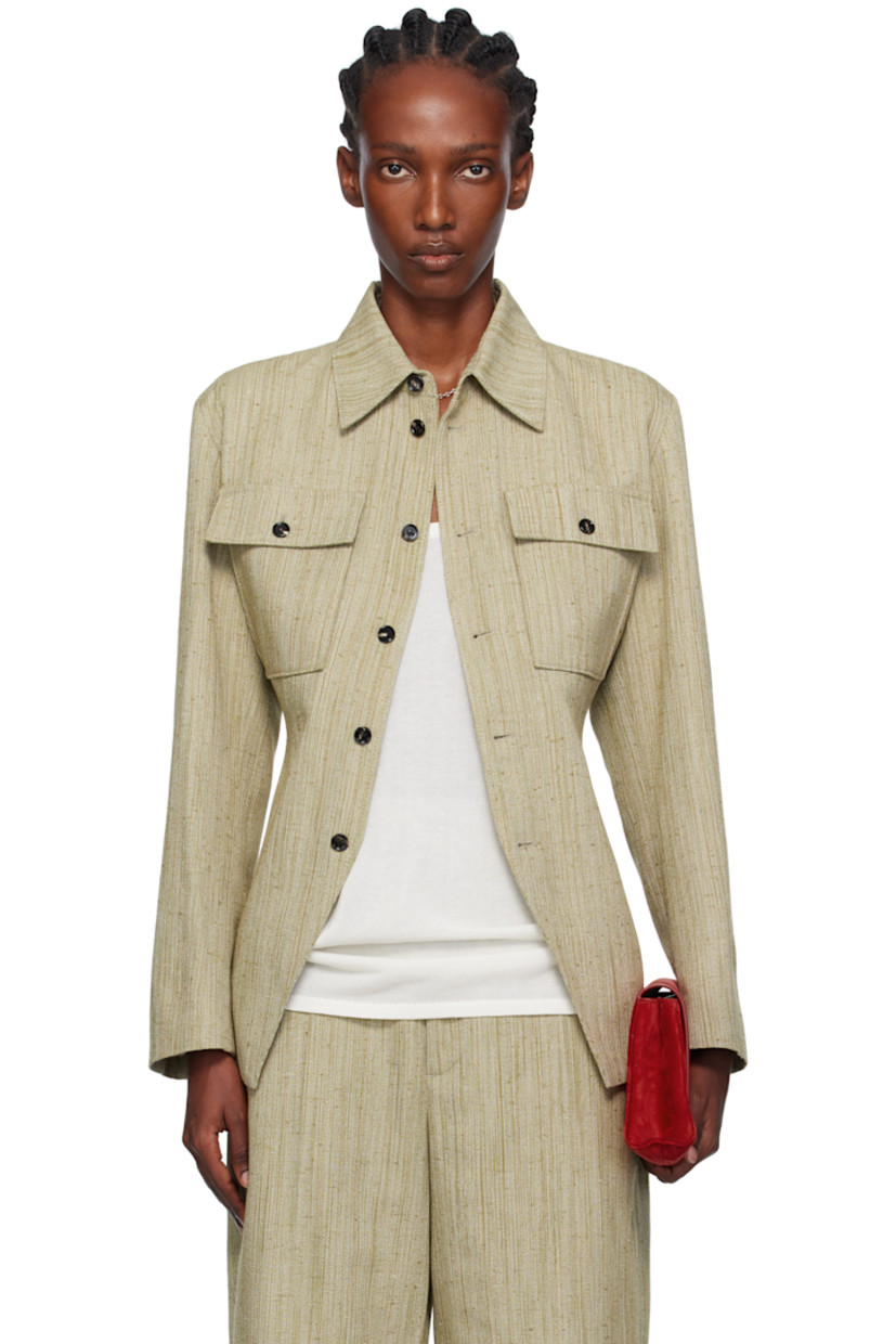 Slub viscose- and silk-blend canvas jacket.

· Spread collar
· Button closure
· Flap pockets at chest
· Darts at waist
· Princess seams at back
· Full satin twill lining

Supplier color: Algae