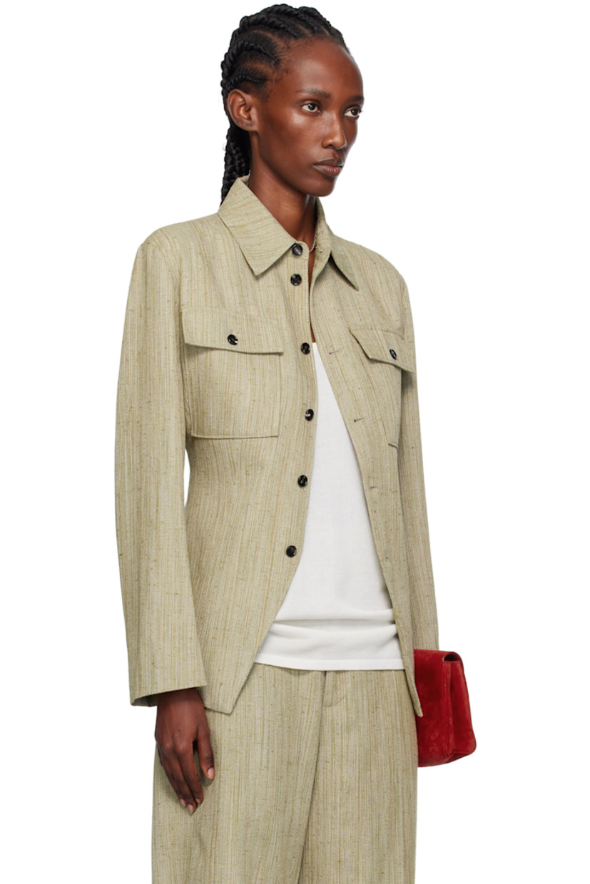 Slub viscose- and silk-blend canvas jacket.

· Spread collar
· Button closure
· Flap pockets at chest
· Darts at waist
· Princess seams at back
· Full satin twill lining

Supplier color: Algae
