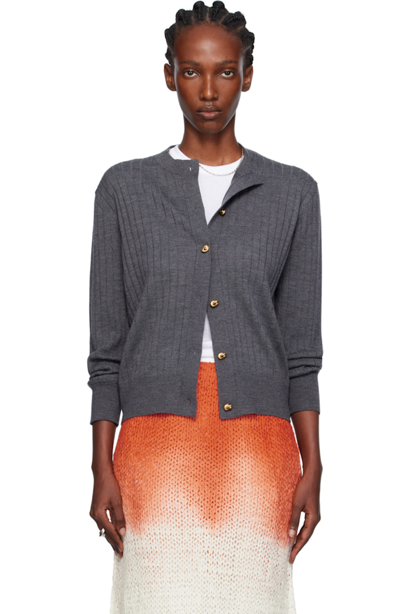 Rib-knit wool cardigan.

· Crewneck
· Knot hardware at button closure

Supplier color: Anthracite