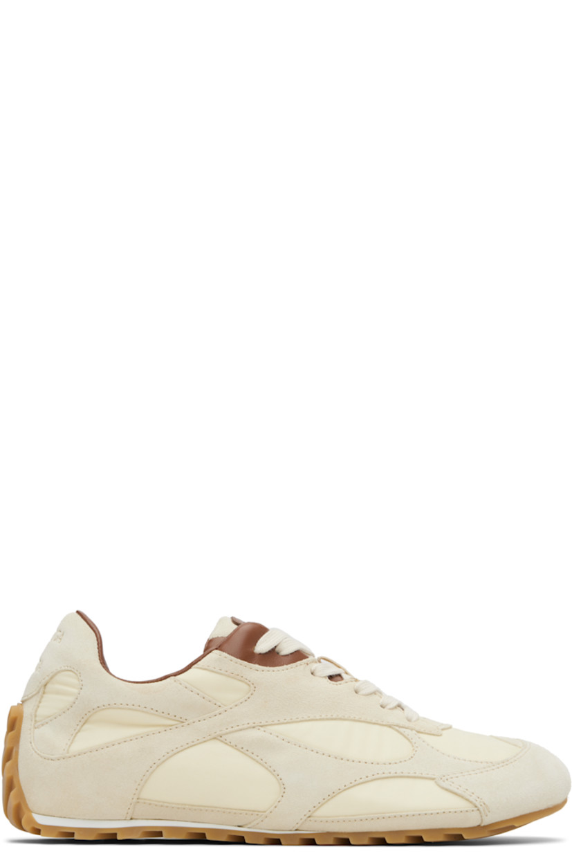 Low-top lambskin suede and nylon taffeta sneakers.

· Lace-up closure
· Logo patch at padded tongue
· Padded collar
· Logo embossed at heel tab
· Buffed calfskin lining
· Treaded rubber sole

Supplier color: Sea salt/Caramel