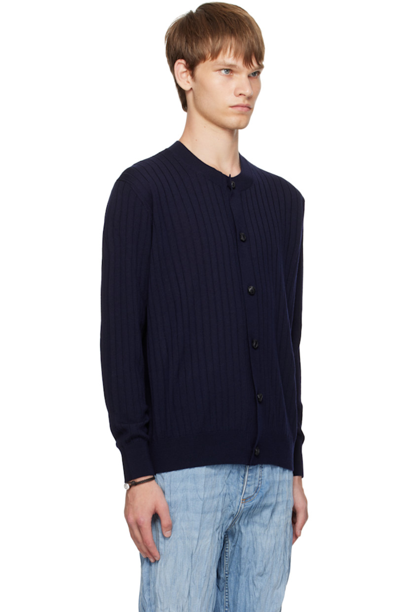 Rib-knit wool cardigan.

· Crewneck
· Button closure
· Intrecciato leather-covered hardware

Supplier color: Abyss