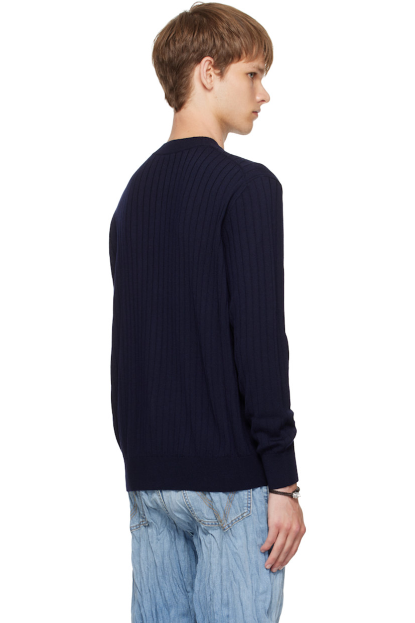 Rib-knit wool cardigan.

· Crewneck
· Button closure
· Intrecciato leather-covered hardware

Supplier color: Abyss