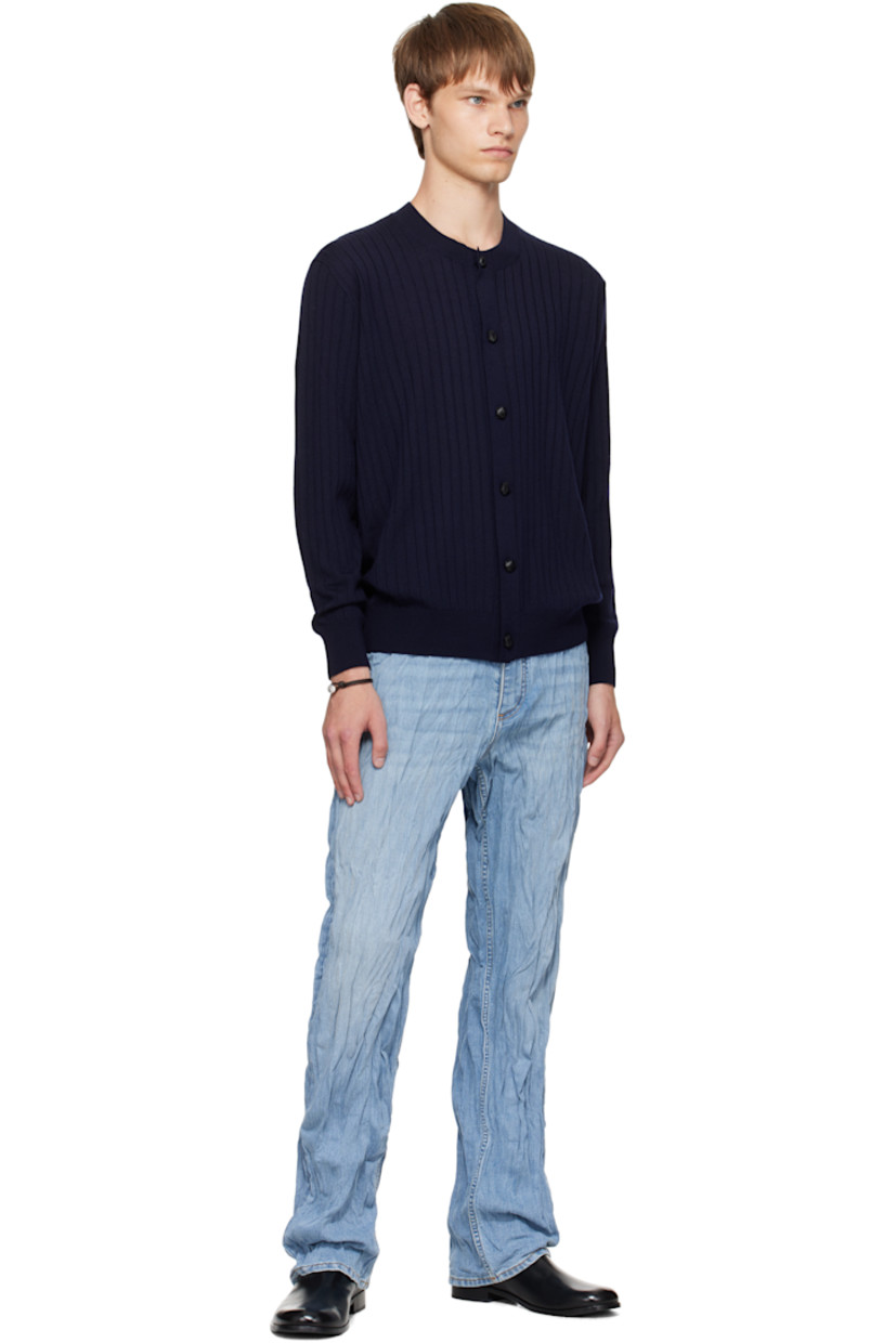 Rib-knit wool cardigan.

· Crewneck
· Button closure
· Intrecciato leather-covered hardware

Supplier color: Abyss