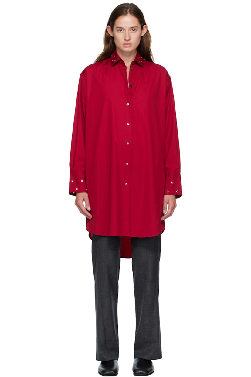 Cotton poplin midi dress.

· Grommets throughout 
· Spread collar 
· Button closure
· Shirttail hem
· Buttoned vent at side seams
· Buttoned barrel cuffs
· Mother-of-pearl hardware

Supplier color: Lipstick red super poplin