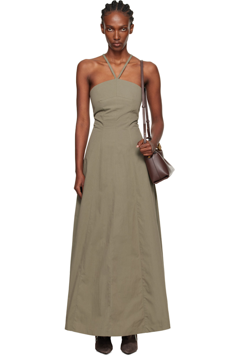 Cotton- and nylon-blend taffeta maxi dress.

· Subtle brown-to-red iridescent solaro-style coloration
· Halter strap at straight neck
· Lace-up closure at low back
· Full twill lining 

Supplier color: Solaro safe tide cotton nylon