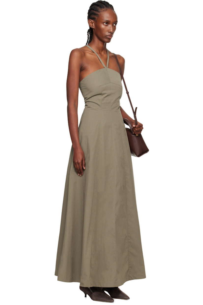 Cotton- and nylon-blend taffeta maxi dress.

· Subtle brown-to-red iridescent solaro-style coloration
· Halter strap at straight neck
· Lace-up closure at low back
· Full twill lining 

Supplier color: Solaro safe tide cotton nylon