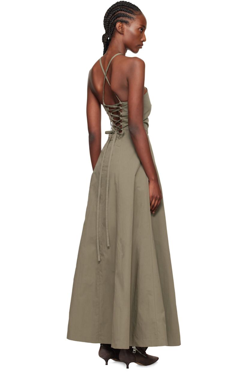 Cotton- and nylon-blend taffeta maxi dress.

· Subtle brown-to-red iridescent solaro-style coloration
· Halter strap at straight neck
· Lace-up closure at low back
· Full twill lining 

Supplier color: Solaro safe tide cotton nylon
