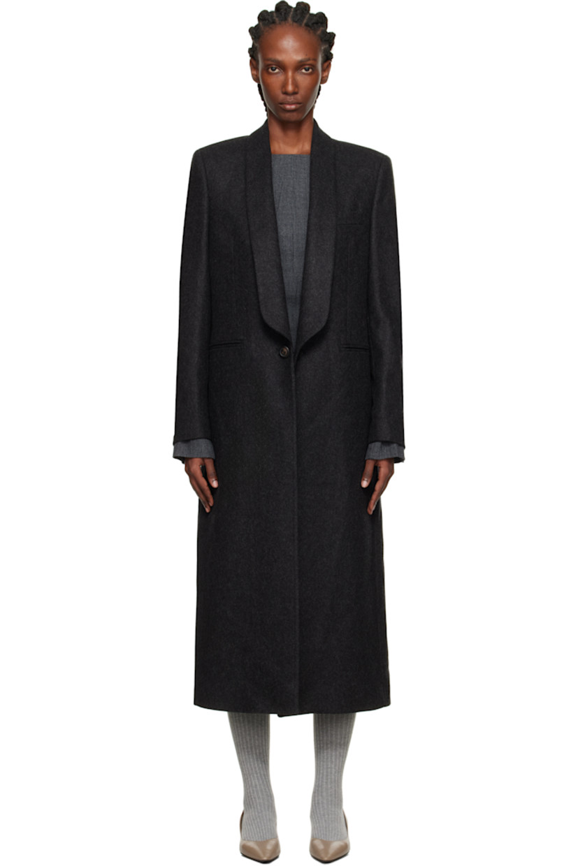 Virgin wool-blend melton coat. 

· Water-repellent 
· Shawl lapel 
· Button closure
· Welt pockets at front 
· Buttoned surgeon's cuffs
· Central vent at back hem
· Welt pocket at interior 
· Full satin lining 

Supplier color: Granite water repellent