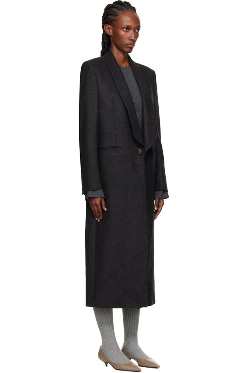 Virgin wool-blend melton coat. 

· Water-repellent 
· Shawl lapel 
· Button closure
· Welt pockets at front 
· Buttoned surgeon's cuffs
· Central vent at back hem
· Welt pocket at interior 
· Full satin lining 

Supplier color: Granite water repellent
