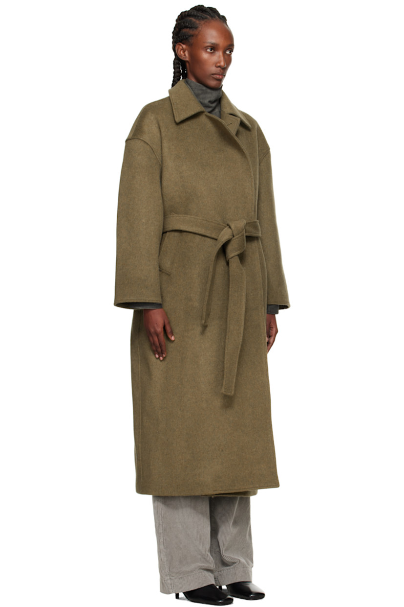 Wool-blend melton coat. 

· Spread collar 
· Concealed double-breasted button closure
· Welt pockets at waist
· Belt loops at waist 
· Detachable self-tie belt 
· Full satin twill lining
· Corozo hardware 
 
Supplier color: Disruptive moss kilo melton