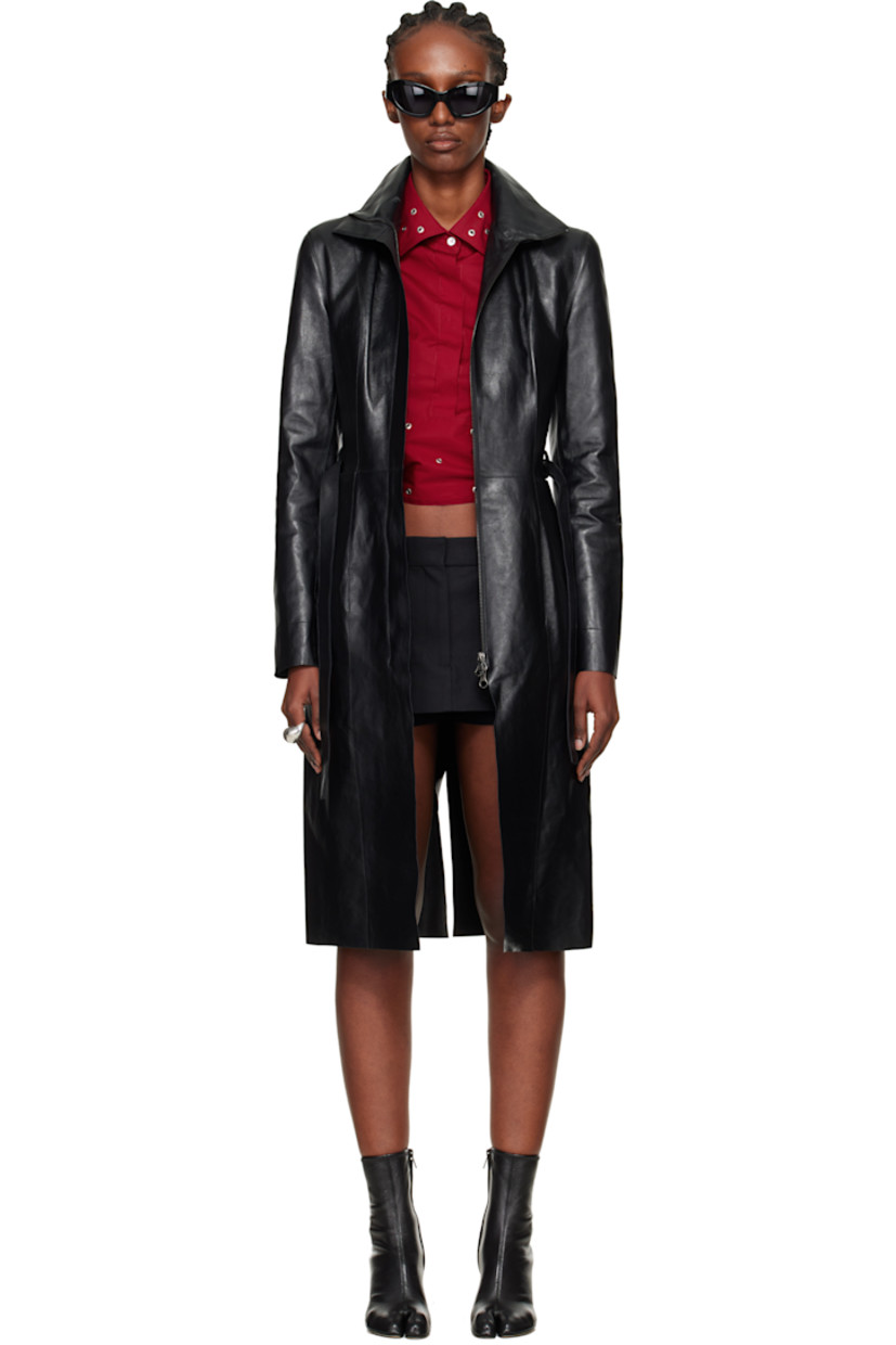 Grained calfskin coat.

· Funnel neck
�· Two-way zip closure
· Belt loops and detachable self-tie belt at waist
· Raw edges at hem and cuffs
· Partial twill lining

Supplier color: Sable black fluid calfskin