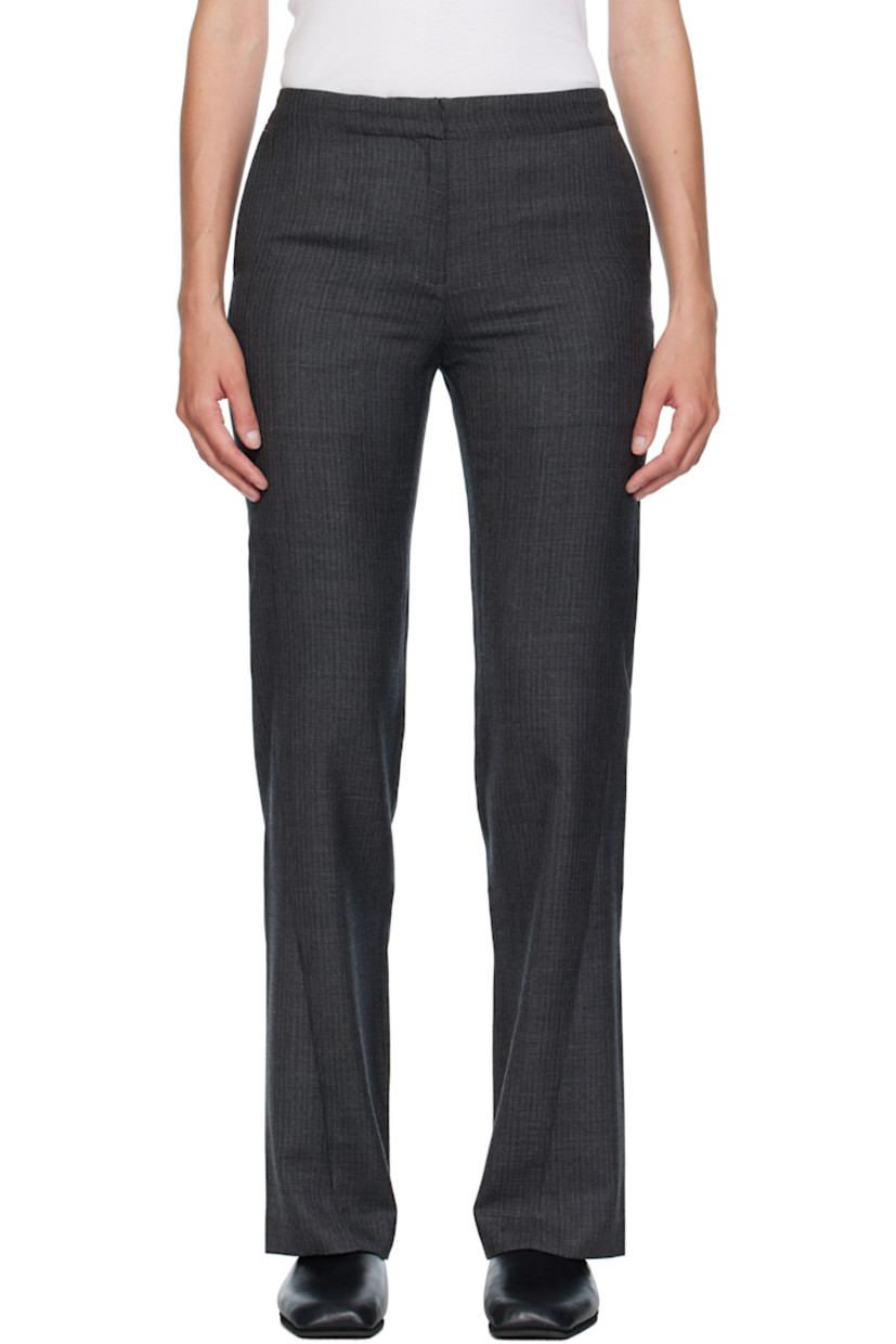 Straight-leg virgin wool herringbone trousers.

· Low-rise
· Three-pocket styling
· Zip fly
· Twisted outseams
· Darts at back waist

Supplier color: Smoke grey micro herringbone