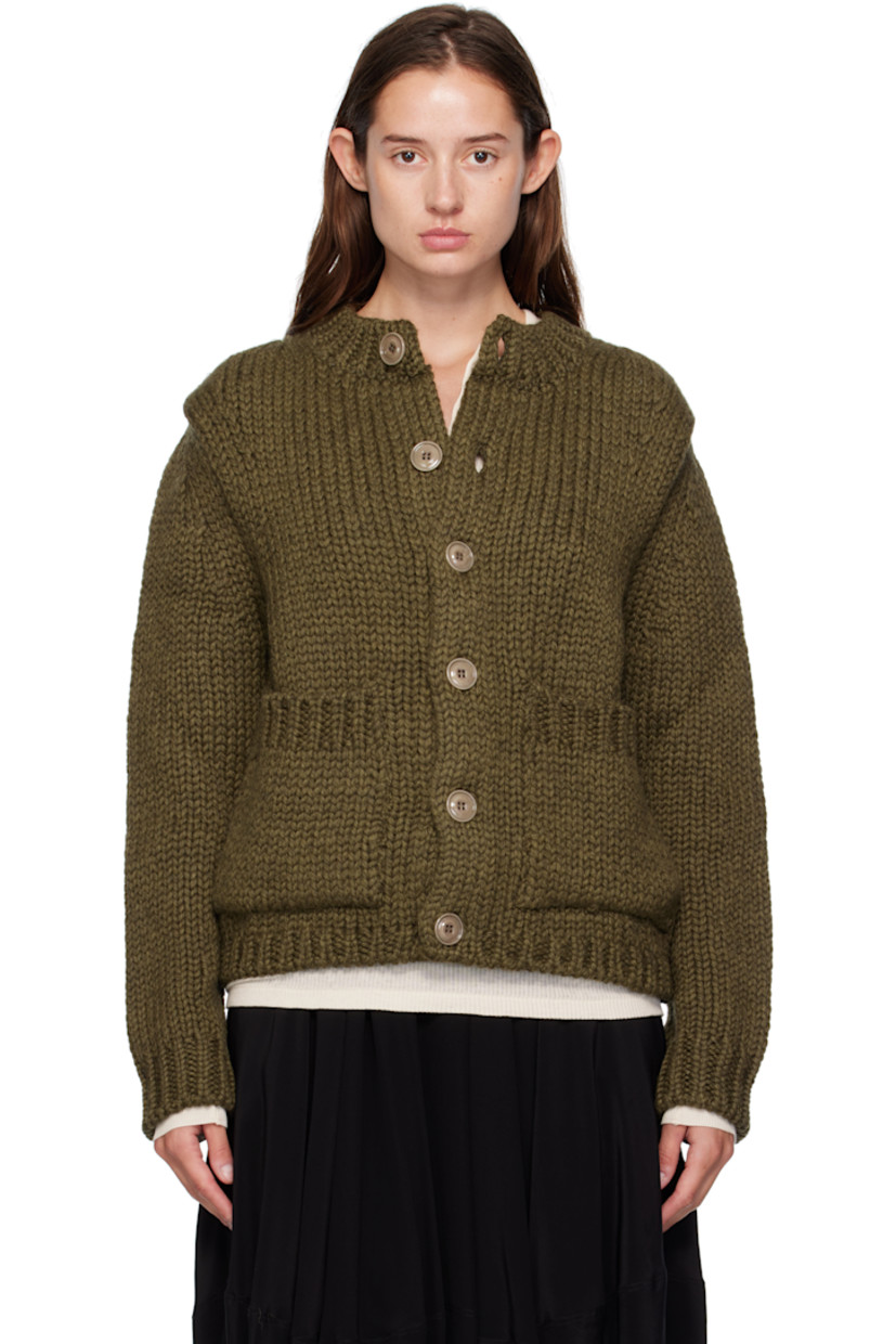 Heavyweight knit wool- and alpaca-blend cardigan.

· Rib-knit crewneck, hem, and cuffs
· Button closure
· Patch pockets at front
· Corozo hardware

Supplier color: Olive mega alpaca