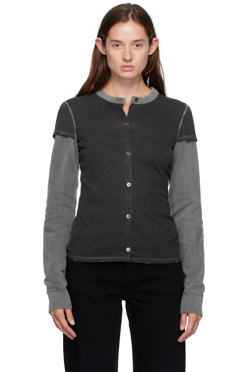 Cotton jersey cardigan.

· Layered construction 
· Fading and distressing throughout 
· Rib-knit crewneck and cuffs
· Button closure 
· Ribbed jersey sleeves
· Mother-of-pearl hardware 
· Contrast overstitching in brown 

Supplier color: Black 1000 points print