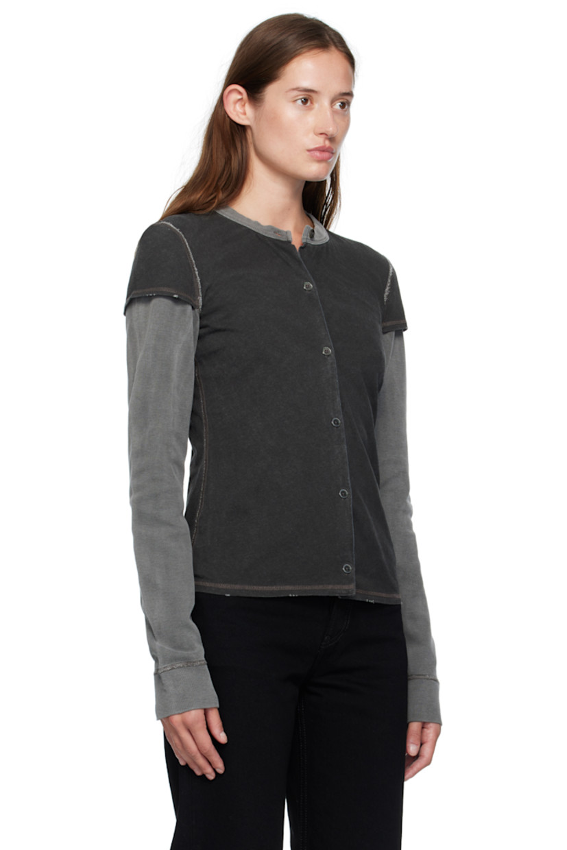 Cotton jersey cardigan.

· Layered construction 
· Fading and distressing throughout 
· Rib-knit crewneck and cuffs
· Button closure 
· Ribbed jersey sleeves
· Mother-of-pearl hardware 
· Contrast overstitching in brown 

Supplier color: Black 1000 points print