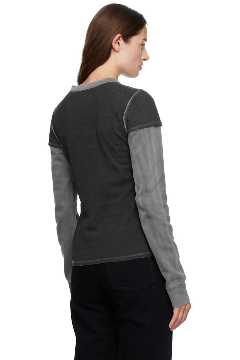 Cotton jersey cardigan.

· Layered construction 
· Fading and distressing throughout 
· Rib-knit crewneck and cuffs
· Button closure 
· Ribbed jersey sleeves
· Mother-of-pearl hardware 
· Contrast overstitching in brown 

Supplier color: Black 1000 points print