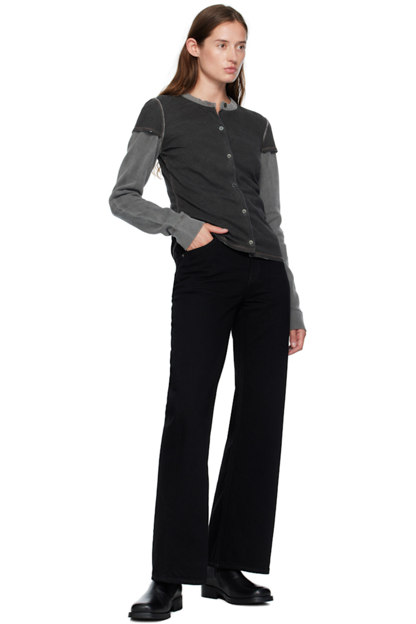 Cotton jersey cardigan.

· Layered construction 
· Fading and distressing throughout 
· Rib-knit crewneck and cuffs
· Button closure 
· Ribbed jersey sleeves
· Mother-of-pearl hardware 
· Contrast overstitching in brown 

Supplier color: Black 1000 points print