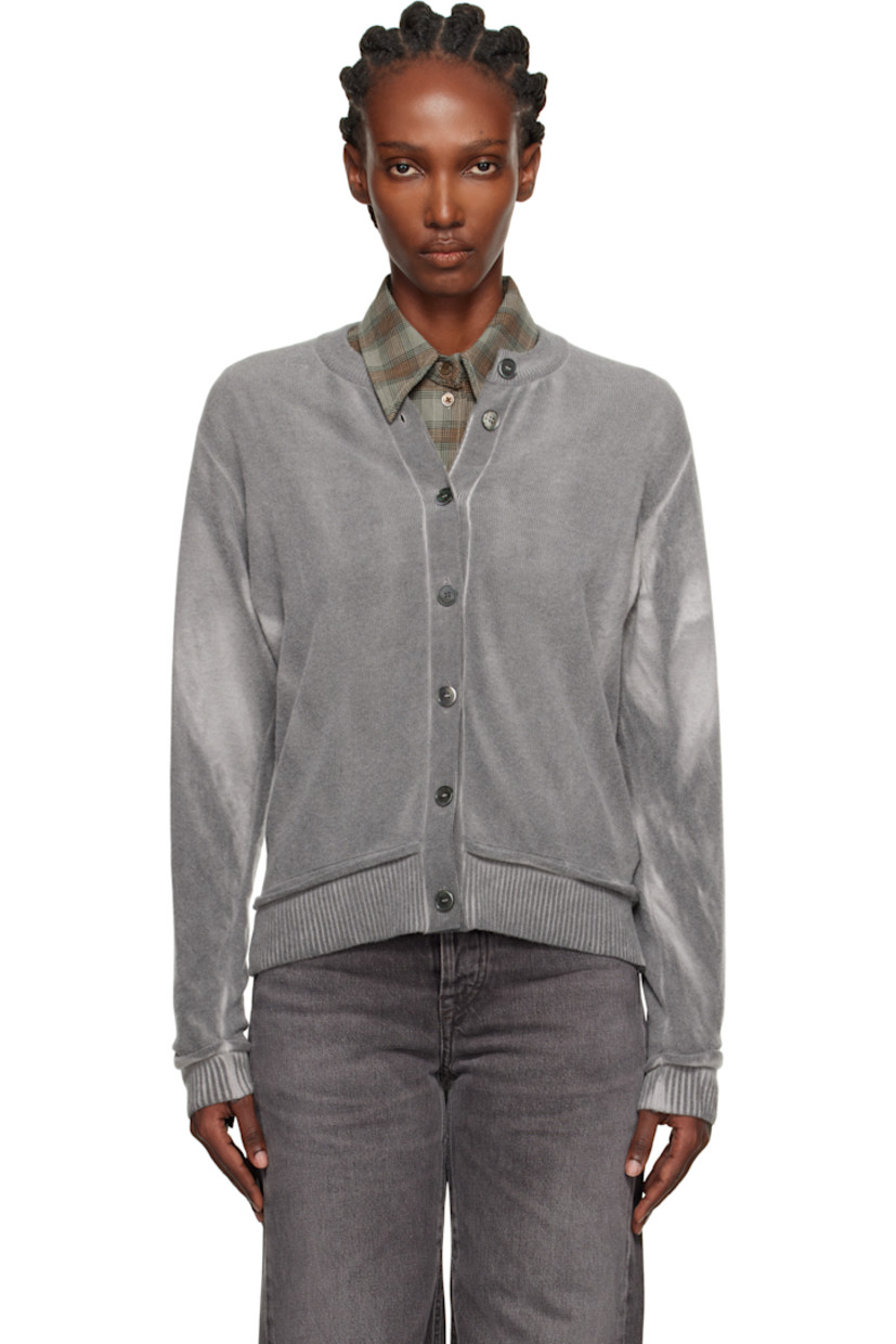 Knit merino wool cardigan.

· Raw-edge trim and discoloration throughout
· Rib-knit round neck, hem, and cuffs
· Button closure
· Dropped shoulders

Supplier color: Grey Spray Dye Cherub Wool