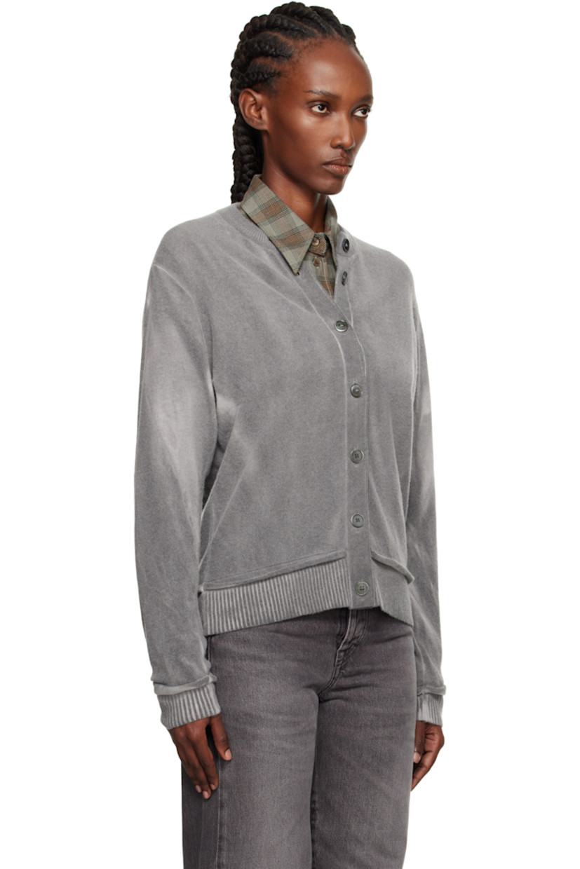 Knit merino wool cardigan.

· Raw-edge trim and discoloration throughout
· Rib-knit round neck, hem, and cuffs
· Button closure
· Dropped shoulders

Supplier color: Grey Spray Dye Cherub Wool