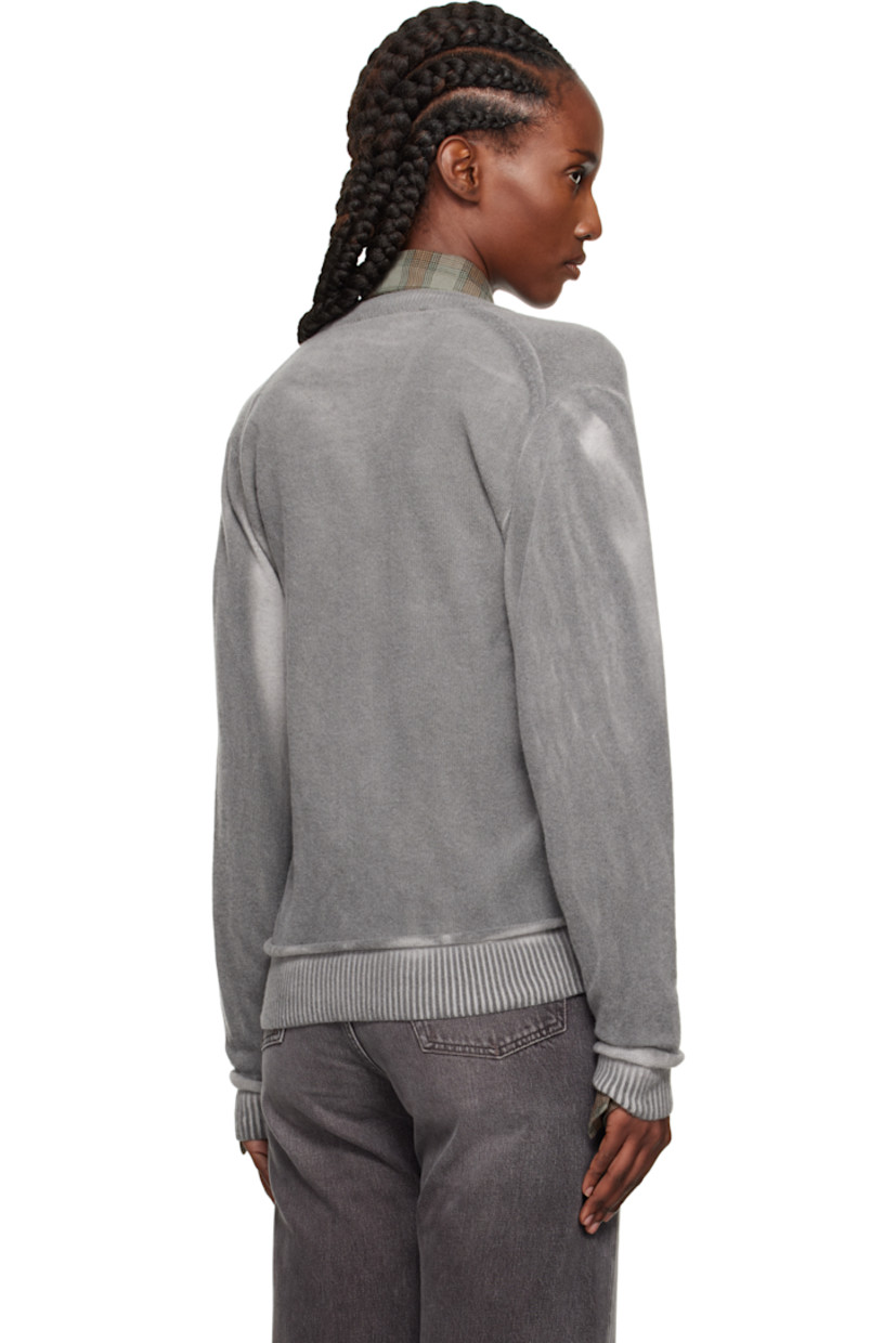 Knit merino wool cardigan.

· Raw-edge trim and discoloration throughout
· Rib-knit round neck, hem, and cuffs
· Button closure
· Dropped shoulders

Supplier color: Grey Spray Dye Cherub Wool