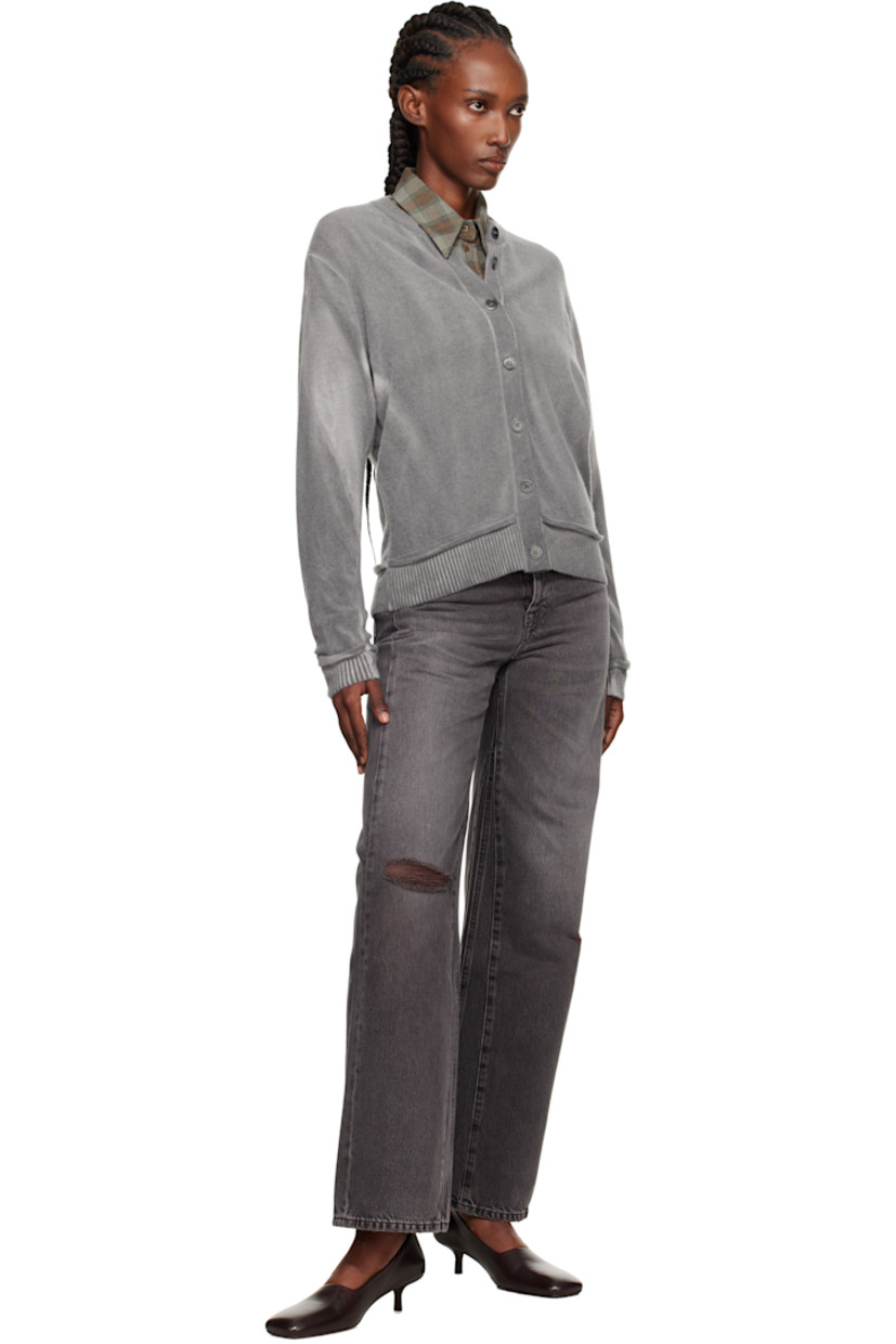 Knit merino wool cardigan.

· Raw-edge trim and discoloration throughout
· Rib-knit round neck, hem, and cuffs
· Button closure
· Dropped shoulders

Supplier color: Grey Spray Dye Cherub Wool