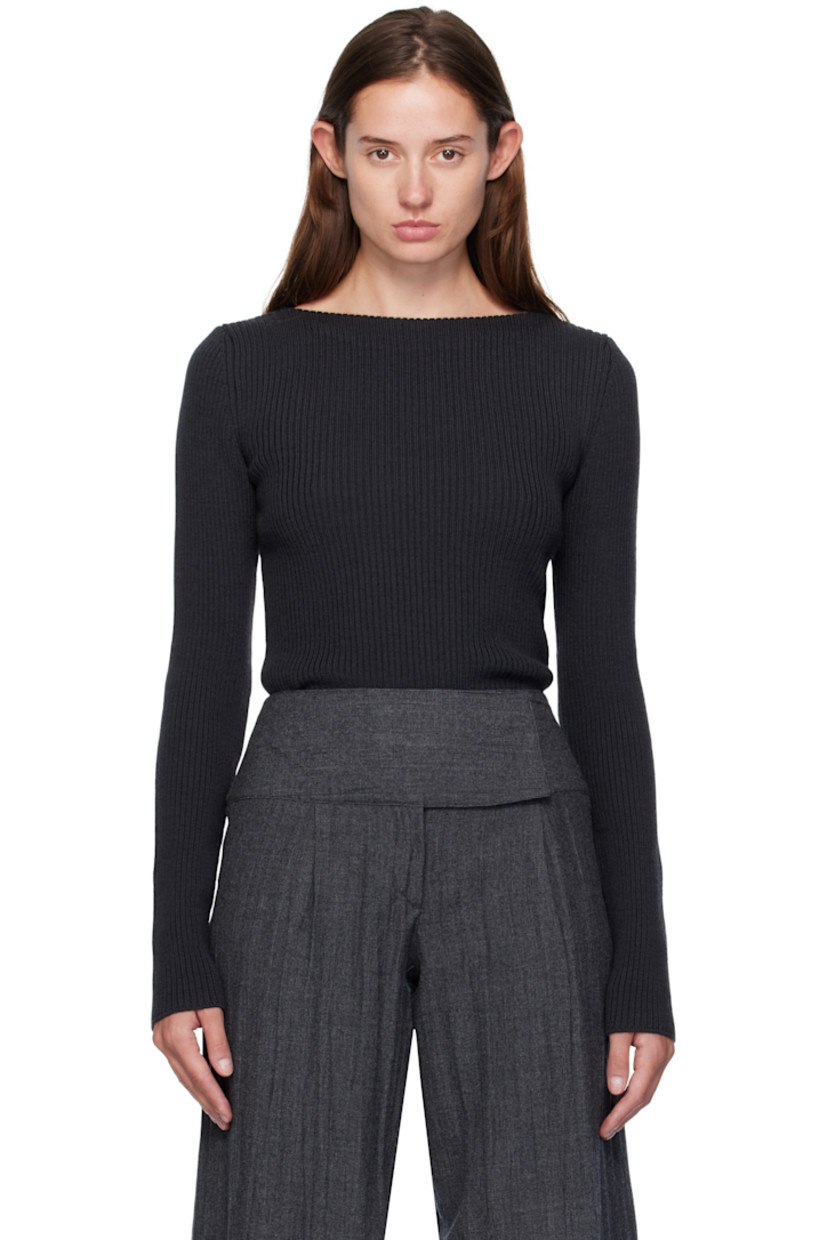 Rib-knit merino wool sweater. Hand-finished boatneck.

Supplier color: Off black rustic merino