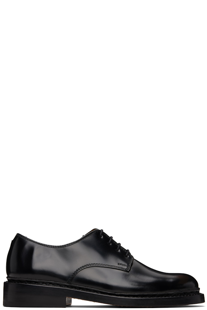 Polished leather derbys.

· Lace-up closure
· Buffed leather lining
· Stacked leather block heel and midsole
· Leather sole with rubber injection
· Heel: H1.25"

Supplier color: Black leather