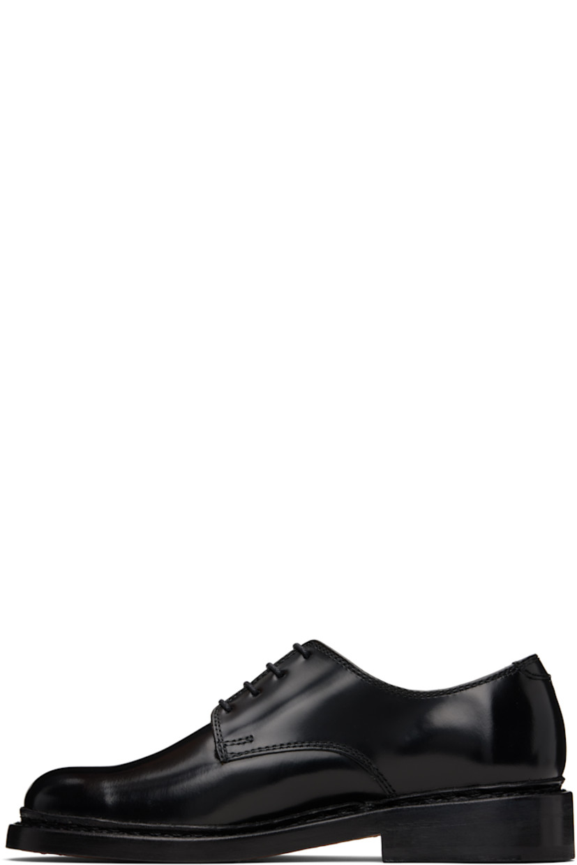 Polished leather derbys.

· Lace-up closure
· Buffed leather lining
· Stacked leather block heel and midsole
· Leather sole with rubber injection
· Heel: H1.25"

Supplier color: Black leather