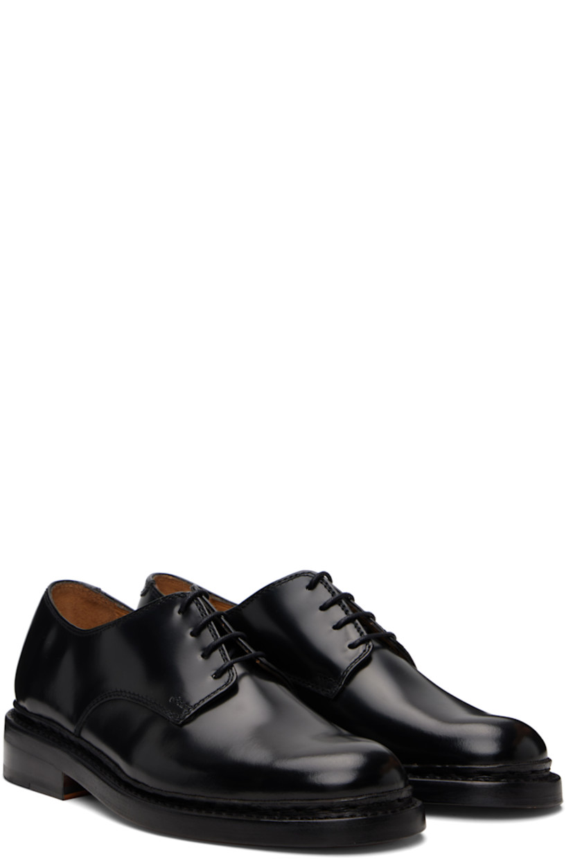Polished leather derbys.

· Lace-up closure
· Buffed leather lining
· Stacked leather block heel and midsole
· Leather sole with rubber injection
· Heel: H1.25"

Supplier color: Black leather