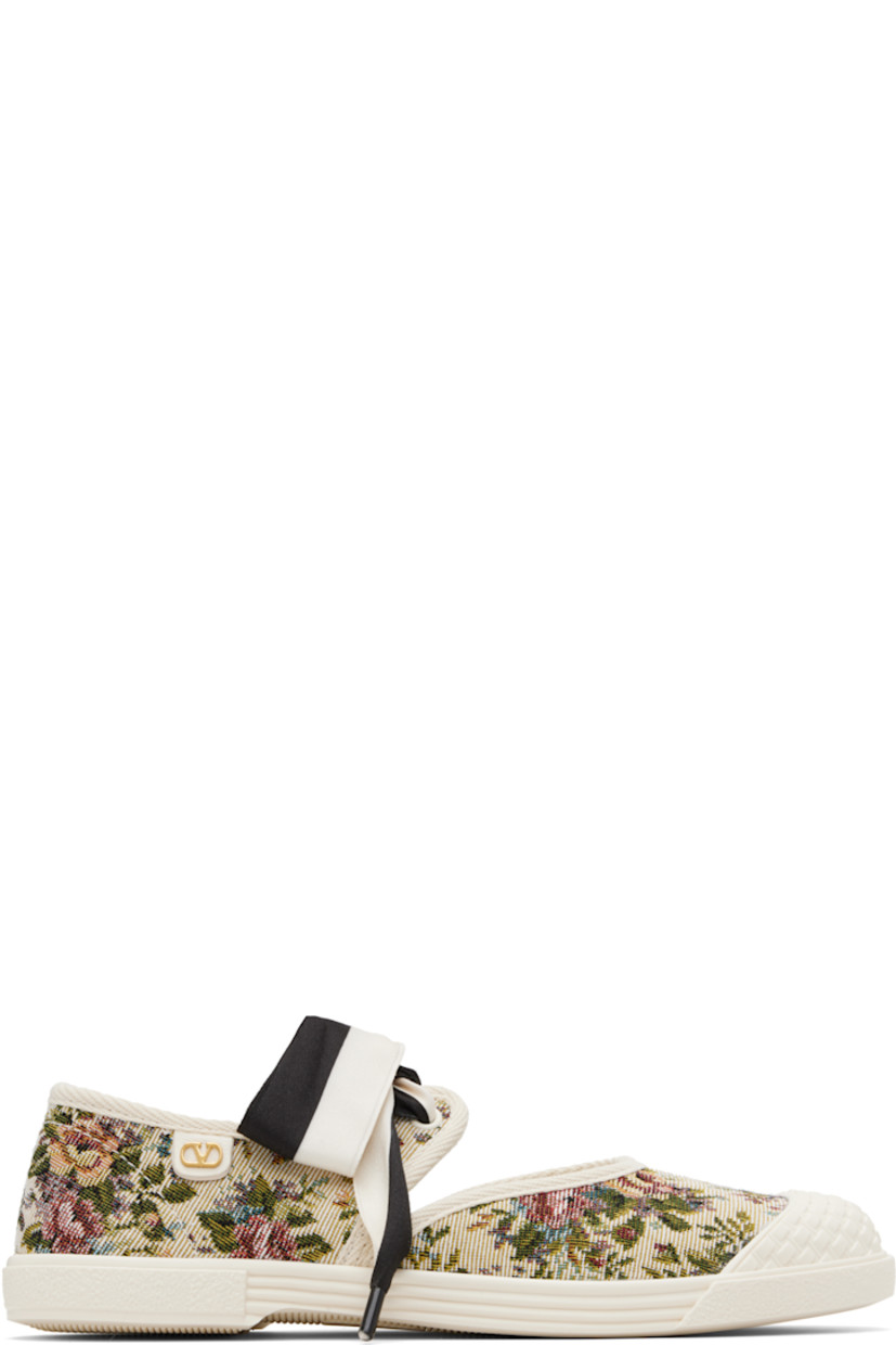 Canvas ballerina flats.

· Jacquard floral pattern throughout 
· Textured rubber cap toe 
· Satin self-tie fastening at vamp
· Logo hardware at outer side 
· Treaded rubber sole 

Supplier color: Beige/Multicolor