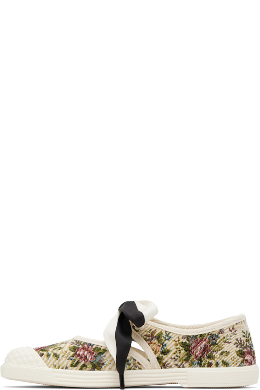 Canvas ballerina flats.

· Jacquard floral pattern throughout 
· Textured rubber cap toe 
· Satin self-tie fastening at vamp
· Logo hardware at outer side 
· Treaded rubber sole 

Supplier color: Beige/Multicolor