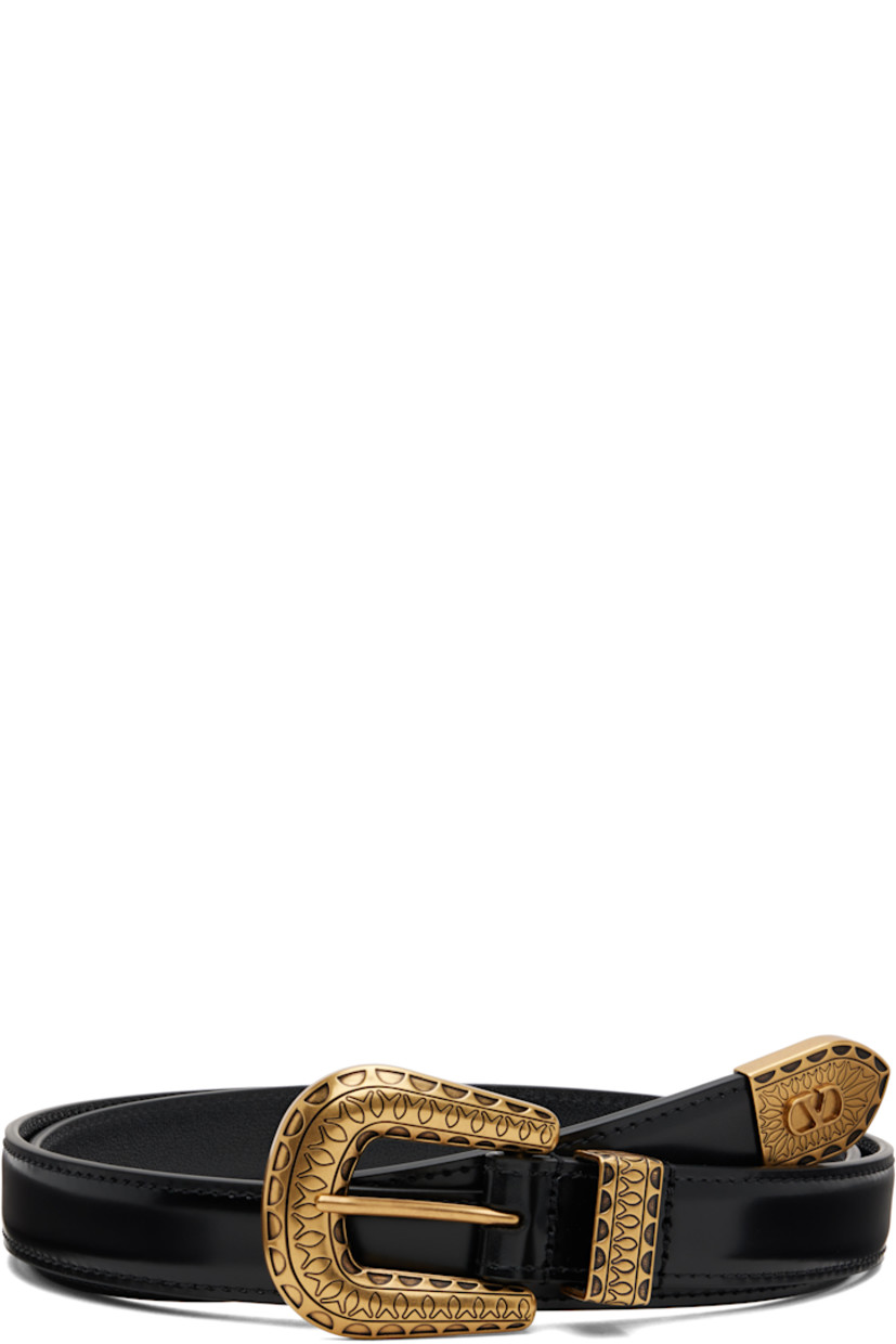 Polished calfskin belt.

· Keeper loop at length
· Logo hardware at end
· Pin-buckle fastening
· Engraved antiqued gold-tone hardware
· W0.75"

Supplier color: Black