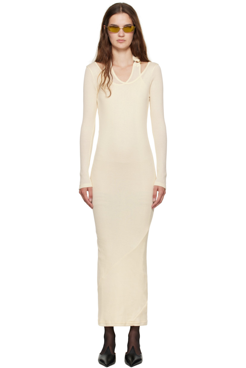 Rib-knit cotton midi dress.

· Asymmetrical and layered construction
· Scoop neck
· Logo hardware and extended trim at halter strap

Supplier color: Ecru