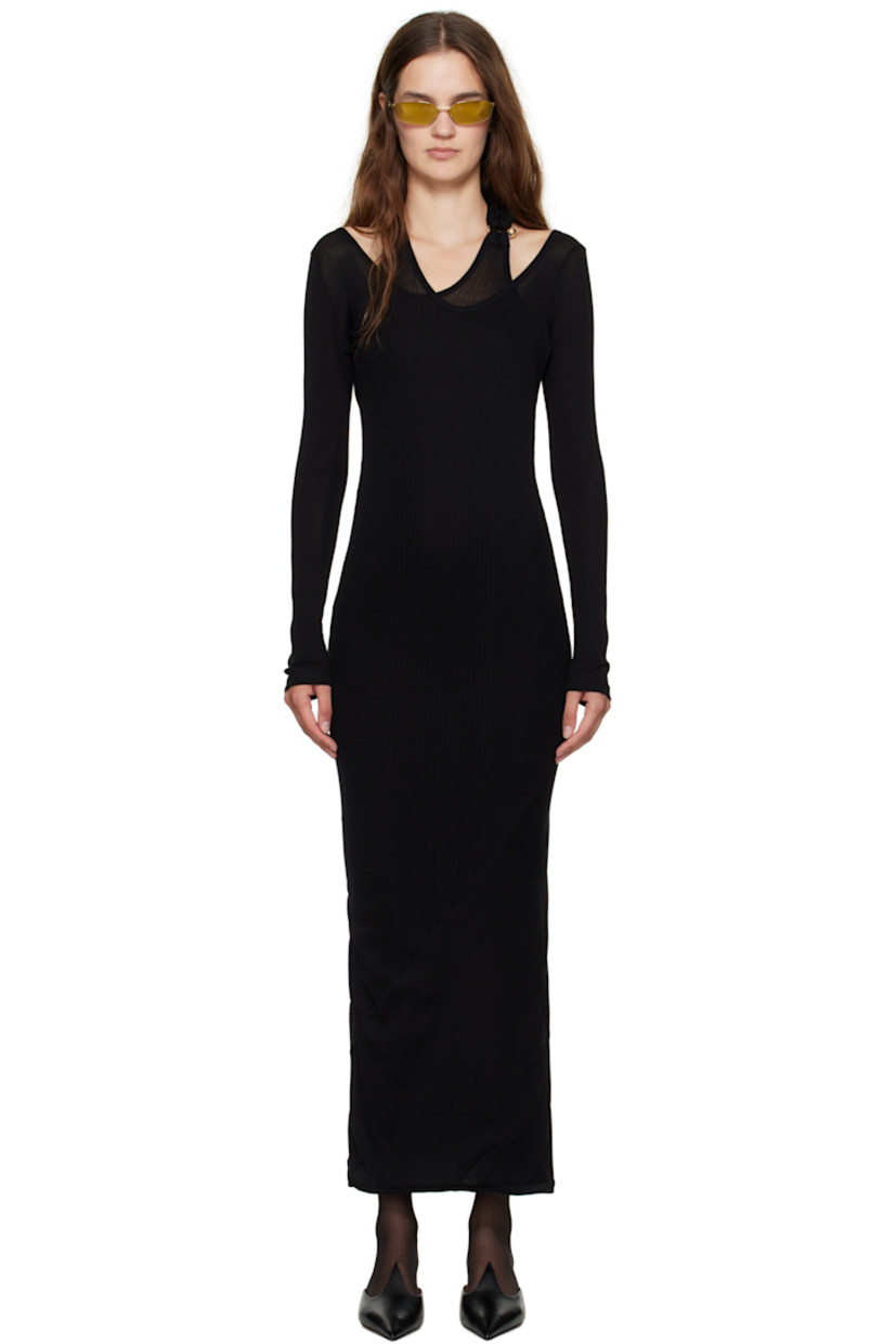 Rib-knit cotton midi dress.

· Asymmetrical and layered construction
· Scoop neck
· Logo hardware and extended trim at halter strap

Supplier color: Black