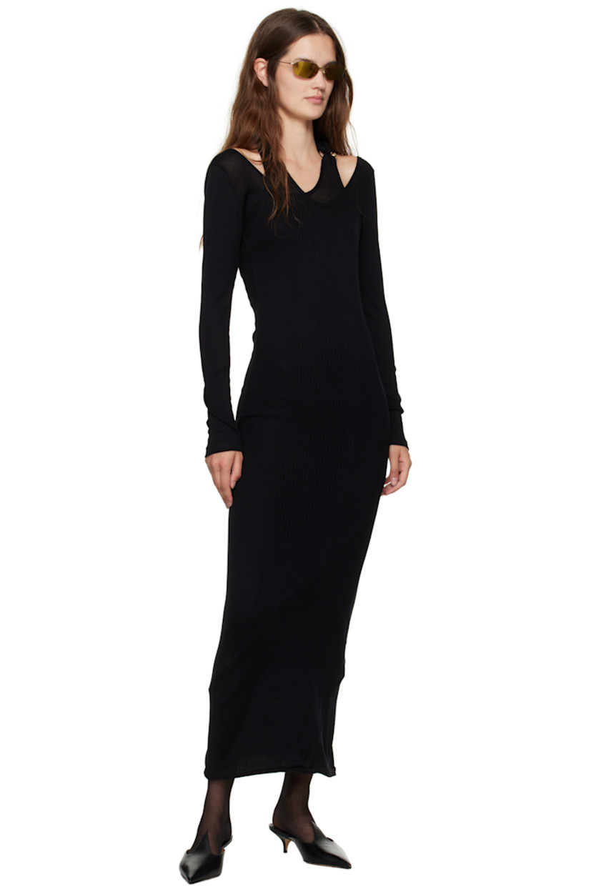 Rib-knit cotton midi dress.

· Asymmetrical and layered construction
· Scoop neck
· Logo hardware and extended trim at halter strap

Supplier color: Black