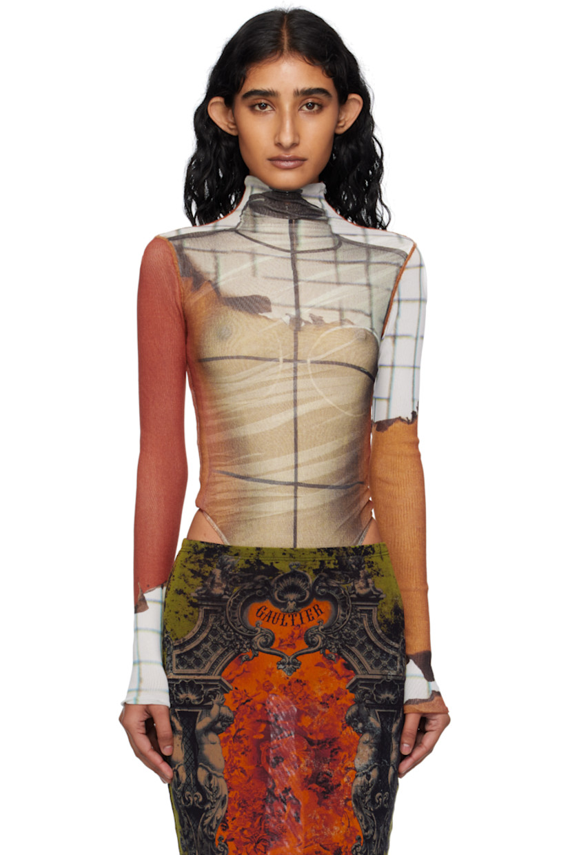 Sheer nylon tulle bodysuit.

· Graphic pattern printed throughout
· Mock neck
· Press-stud fastening at bottom
· Fully lined

Supplier color: Orange/White