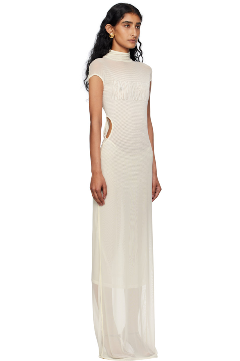 Stretch nylon mesh maxi dress.

· Polka-dot pattern flocked throughout
· Mock neck
· Logo flocked at chest
· Cutout at side seams
· Cap sleeves
· Locker loop at back collar
· Partially lined

Supplier color: Ecru