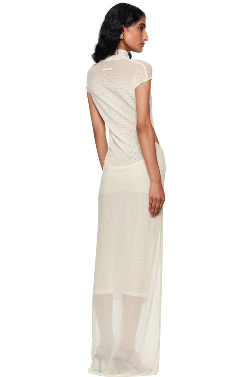 Stretch nylon mesh maxi dress.

· Polka-dot pattern flocked throughout
· Mock neck
· Logo flocked at chest
· Cutout at side seams
· Cap sleeves
· Locker loop at back collar
· Partially lined

Supplier color: Ecru