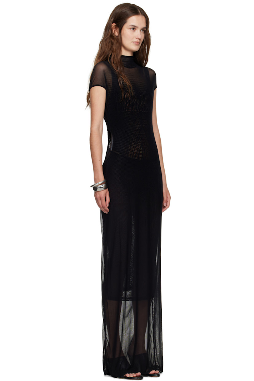 Stretch nylon mesh maxi dress.

· Polka-dot pattern flocked throughout
· Mock neck
· Logo flocked at chest
· Cutout at side seams
· Cap sleeves
· Locker loop at back collar
· Partially lined

Supplier color: Black