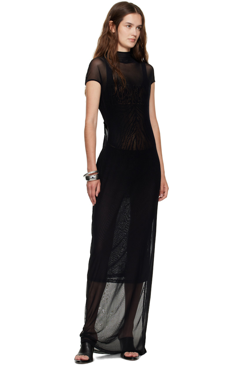 Stretch nylon mesh maxi dress.

· Polka-dot pattern flocked throughout
· Mock neck
· Logo flocked at chest
· Cutout at side seams
· Cap sleeves
· Locker loop at back collar
· Partially lined

Supplier color: Black