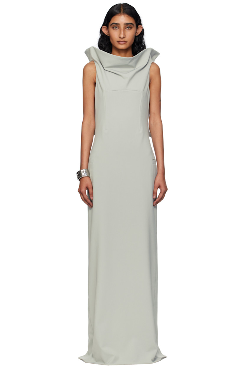 Stretch nylon twill maxi dress.

· Funnel neck
· Darts at chest
· Welt pocket at side seams
· Extended trim with underwire at open back
· Post-stud strap and cutout at back
· Zip closure at back
· Central vent at back hem
 
Supplier color: Grey