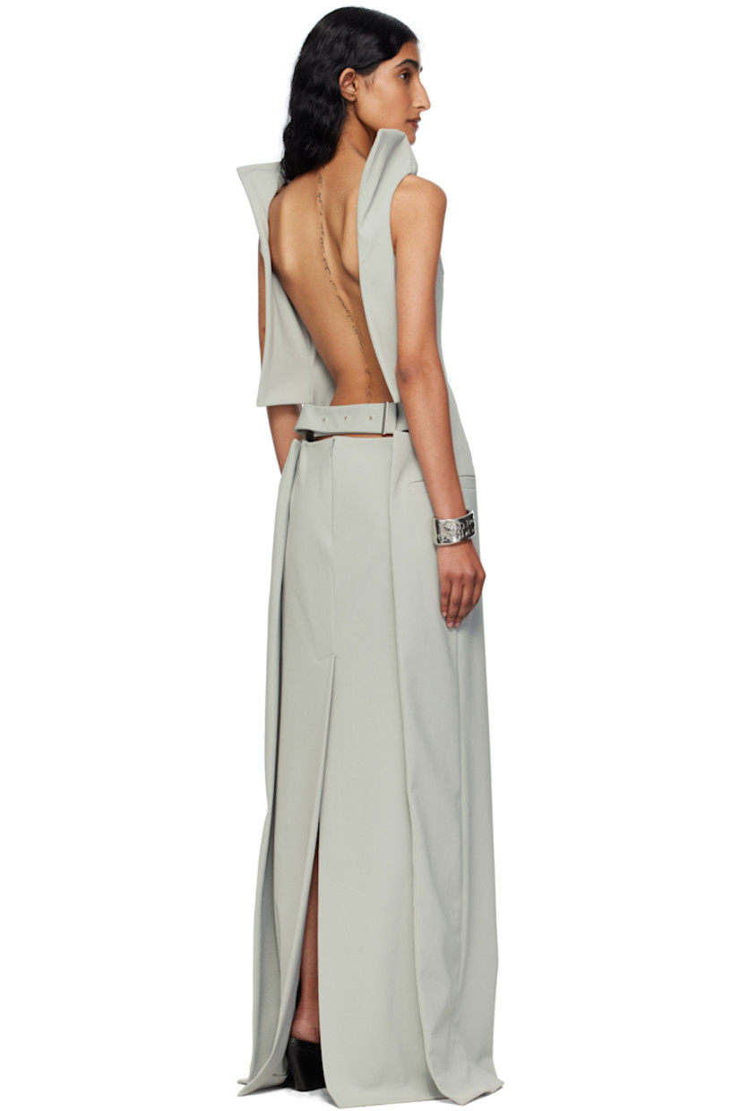 Stretch nylon twill maxi dress.

· Funnel neck
· Darts at chest
· Welt pocket at side seams
· Extended trim with underwire at open back
· Post-stud strap and cutout at back
· Zip closure at back
· Central vent at back hem
 
Supplier color: Grey