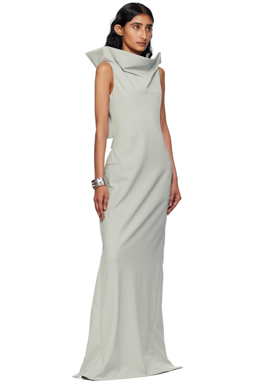Stretch nylon twill maxi dress.

· Funnel neck
· Darts at chest
· Welt pocket at side seams
· Extended trim with underwire at open back
· Post-stud strap and cutout at back
· Zip closure at back
· Central vent at back hem
 
Supplier color: Grey