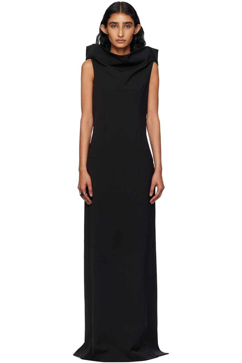 Stretch nylon twill maxi dress.

· Funnel neck
· Darts at chest
· Welt pocket at side seams
· Extended trim with underwire at open back
· Post-stud strap and cutout at back
· Zip closure at back
· Central vent at back hem

Supplier color: Black
