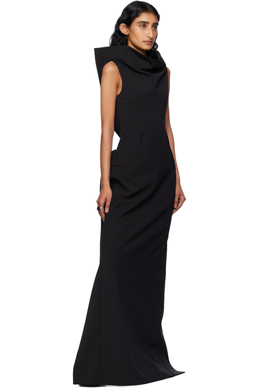 Stretch nylon twill maxi dress.

· Funnel neck
· Darts at chest
· Welt pocket at side seams
· Extended trim with underwire at open back
· Post-stud strap and cutout at back
· Zip closure at back
· Central vent at back hem

Supplier color: Black