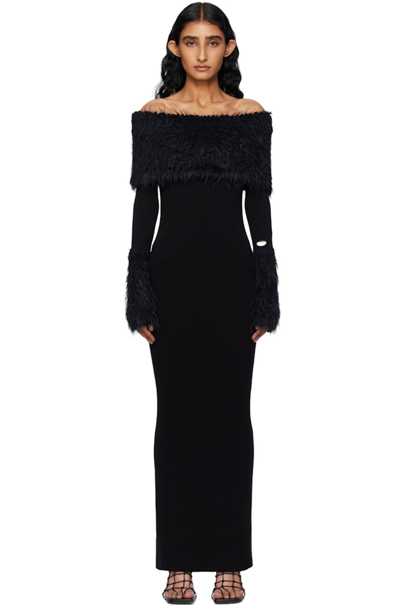 Rib-knit viscose-blend maxi dress.

· Off-the-shoulder construction
· Shag knit wool-blend trim at straight neck and cuffs
· Logo plaque at sleeve
· Locker loop at back collar
· Central vent at back hem

Supplier color: Black