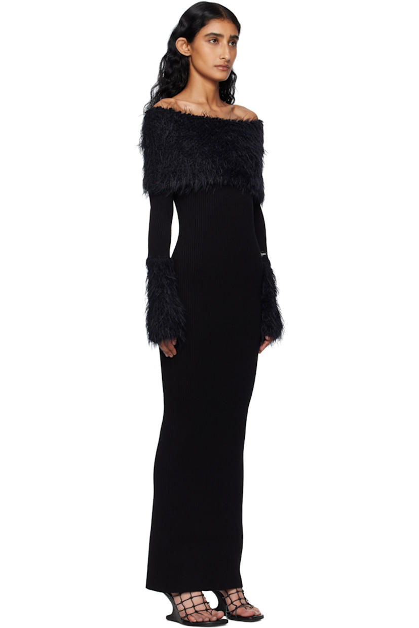 Rib-knit viscose-blend maxi dress.

· Off-the-shoulder construction
· Shag knit wool-blend trim at straight neck and cuffs
· Logo plaque at sleeve
· Locker loop at back collar
· Central vent at back hem

Supplier color: Black